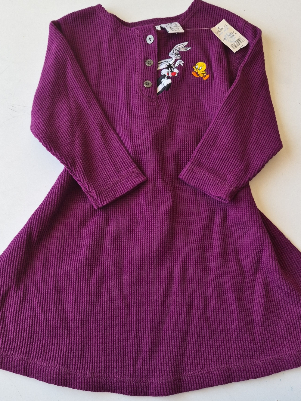 Deadstock Girls' Purple Waffle-Knit Dress with Tweety & Bugs Bunny Patch